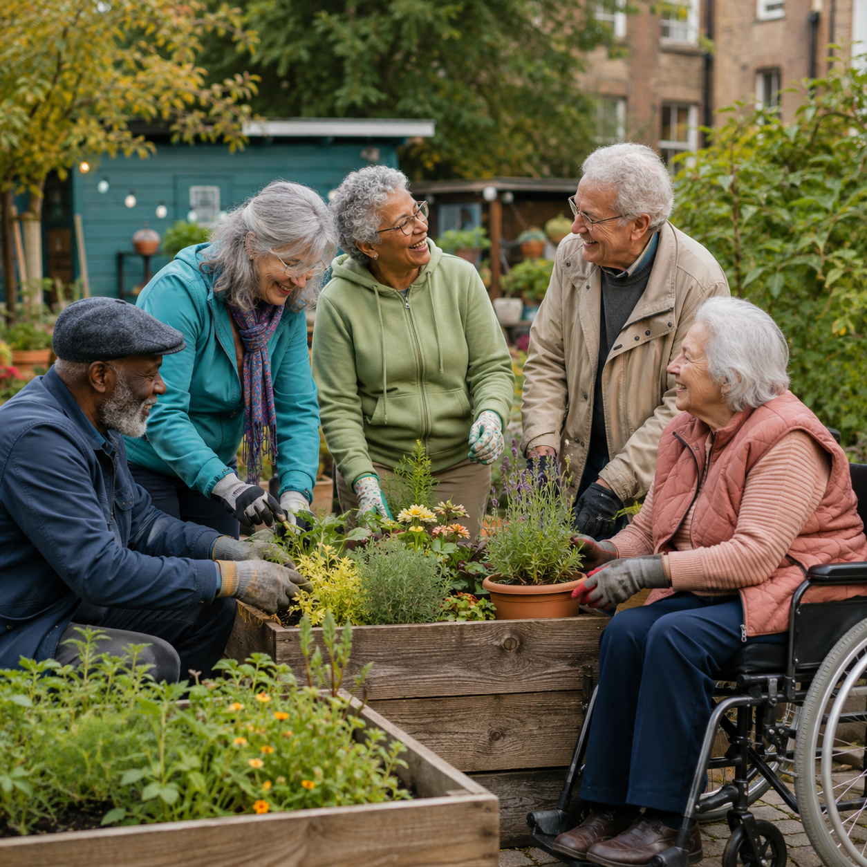 Older adults creating a welcoming community garden together