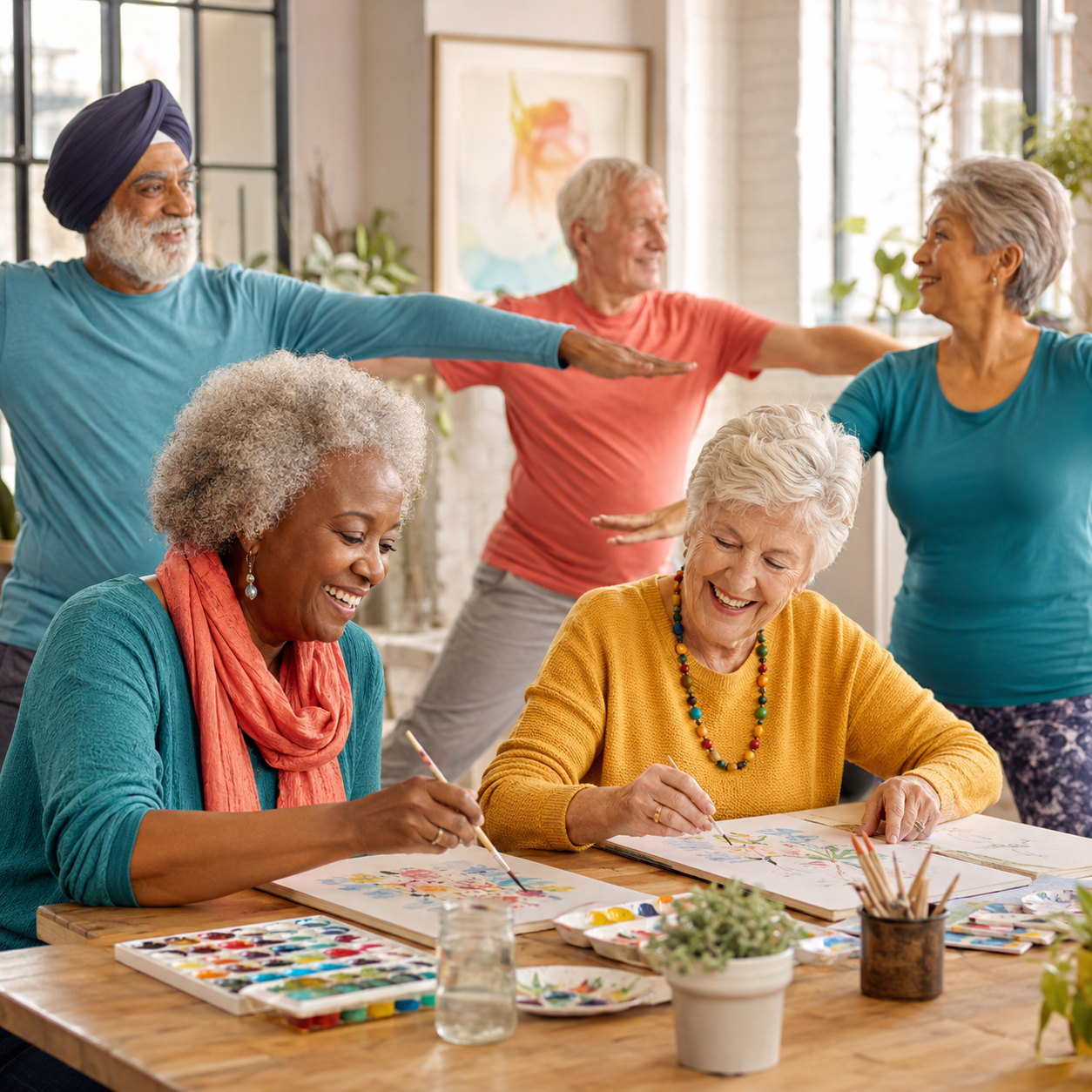 Older adults enjoying creative activities and gentle movement together