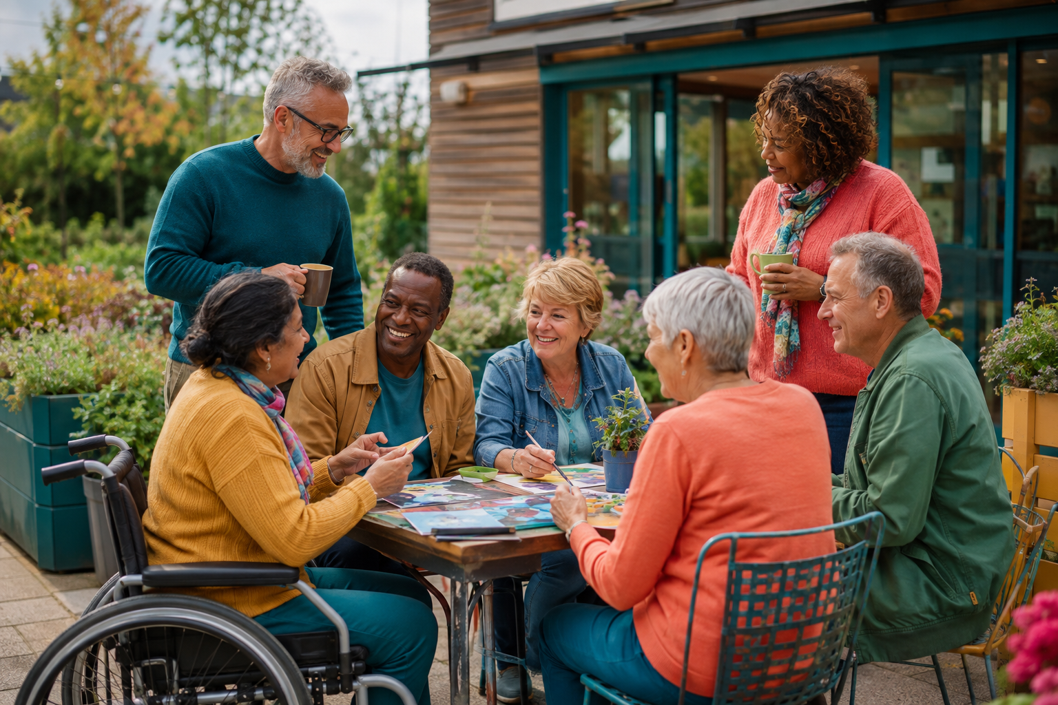 A diverse group of people in their 60s enjoying conversation, creativity and community together